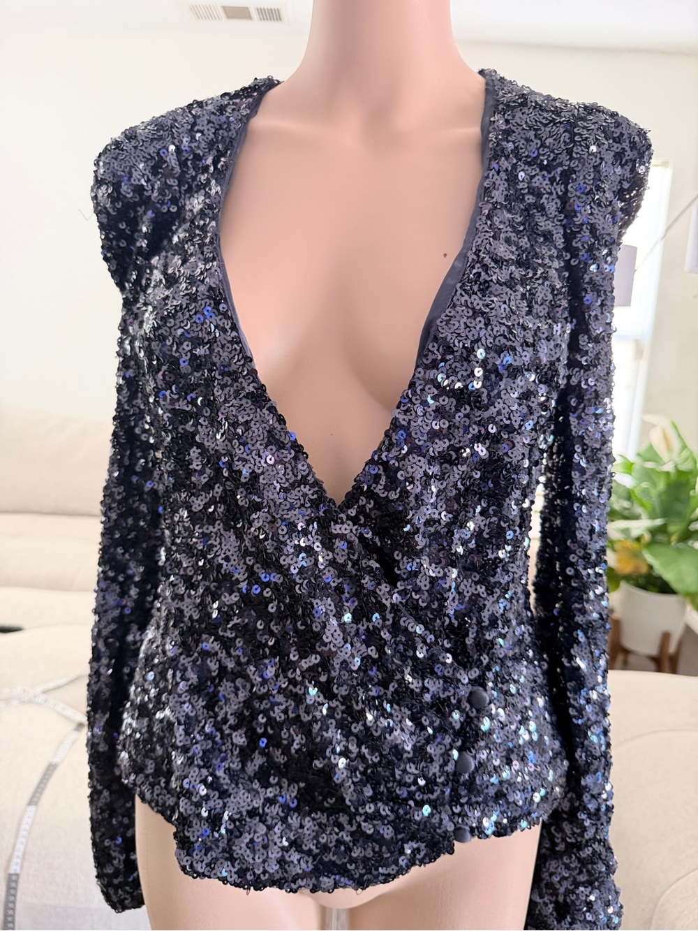 French Connection Black Sequin Wrap Top